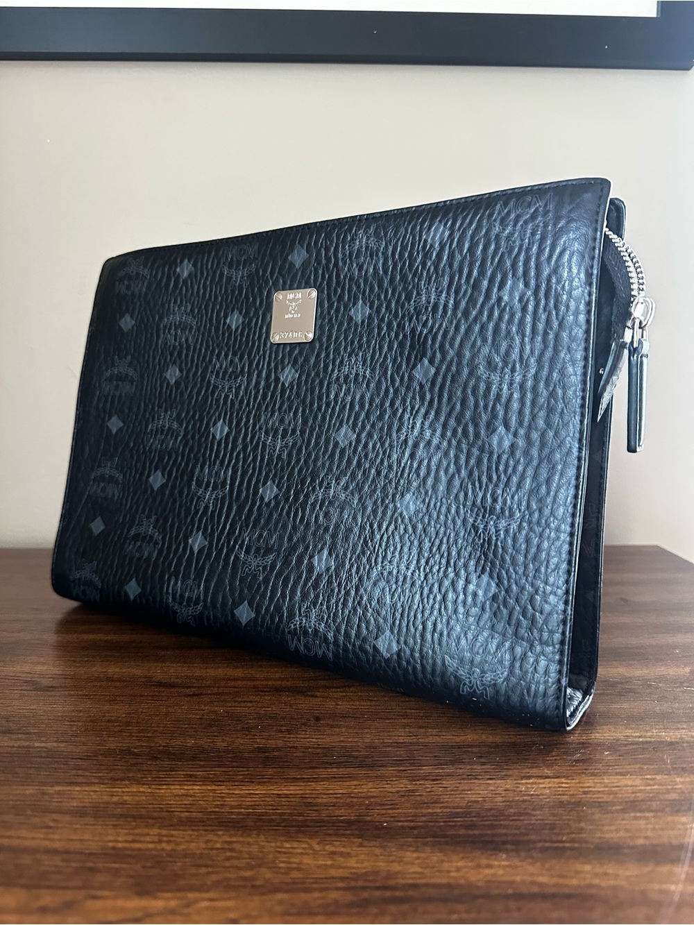 MCM Black Visetos Leather Large Clutch